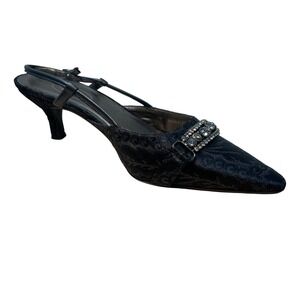 Talbots Womens Black Jacquard Rhinestone Slingback Kitten Heels Size 7B Leather